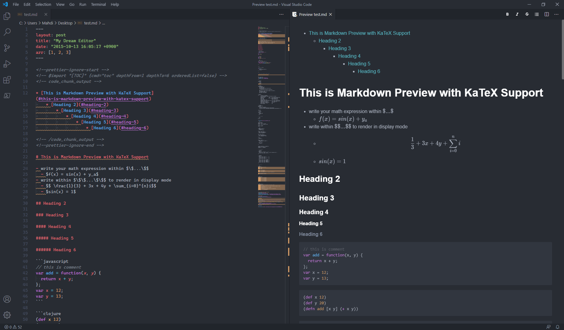 Visual Studio Code(安装了 Markdown Preview Enhanced、Markdownlint 和 One Dark Pro)