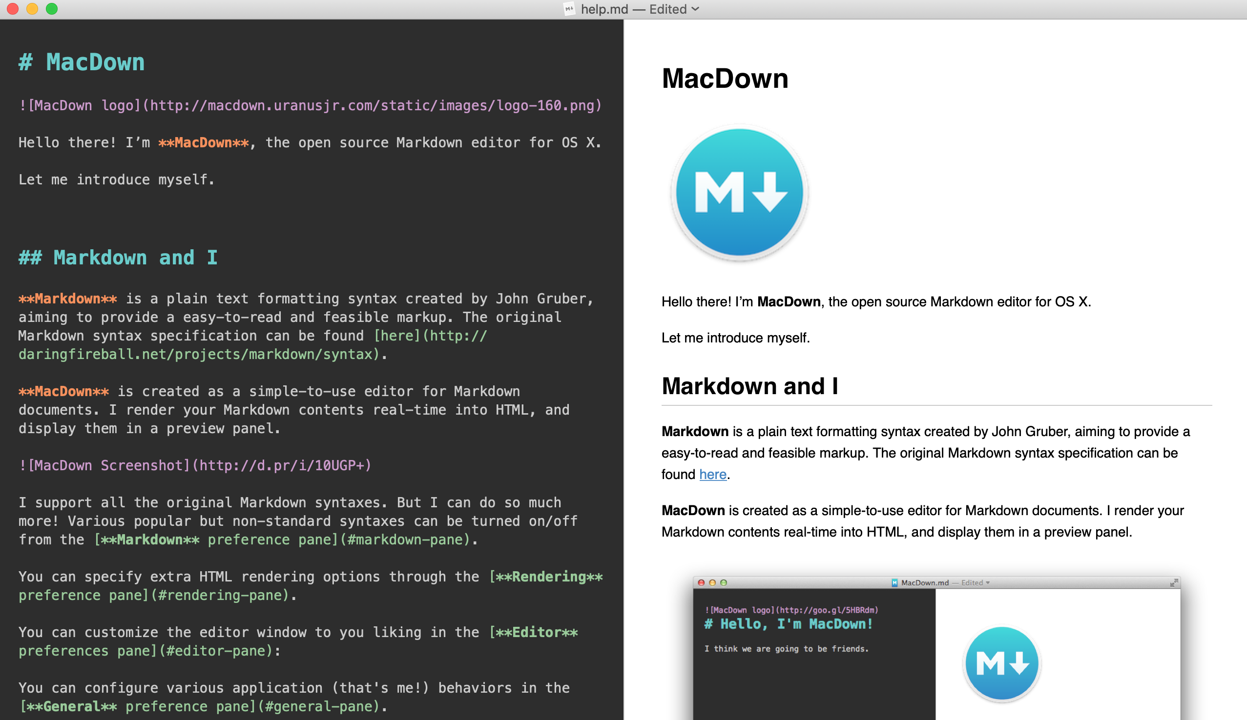 MacDown 应用程序显示已打开的 Markdown 文件